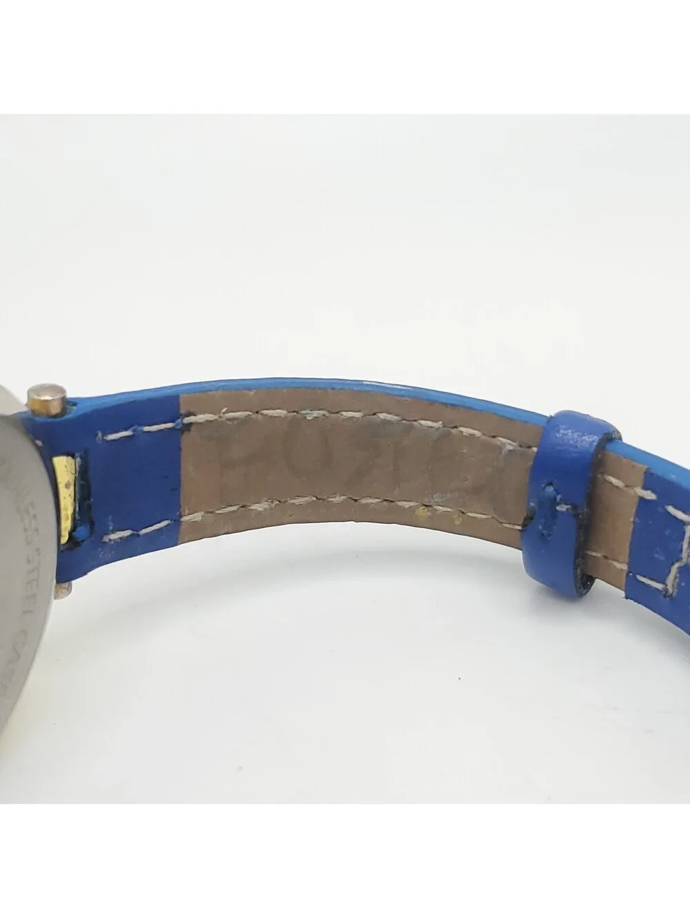Accutime Quartz  Womens Watch 30mm Gold Tone Blue Leather Band New Battery